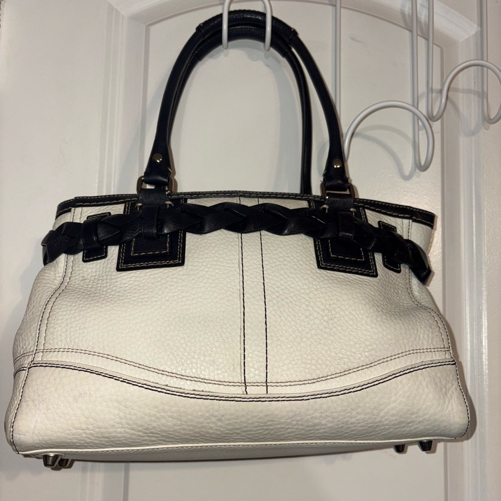 Coach Hampton Braided Leather Satchel F13084 Cream & Black - Picture 6 of 16